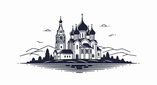 Stylized depiction of a large cathedral with domed roofs and a bell tower