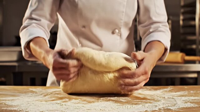 A baker in a white chef's coat dusts a large mound of dough with flour