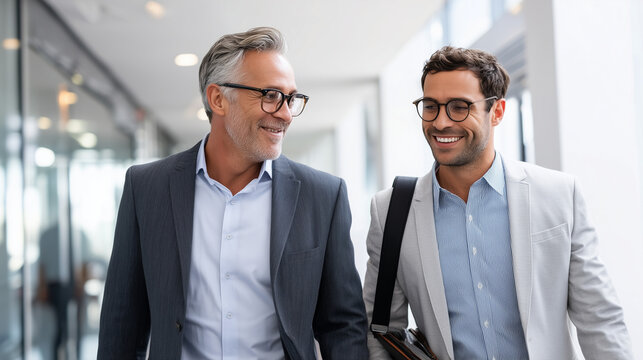 A senior mortgage leader walking and talking with a younger mortgage professional in a modern office hallway, both smiling and confident, mid-30s to early 40s, business casual atti