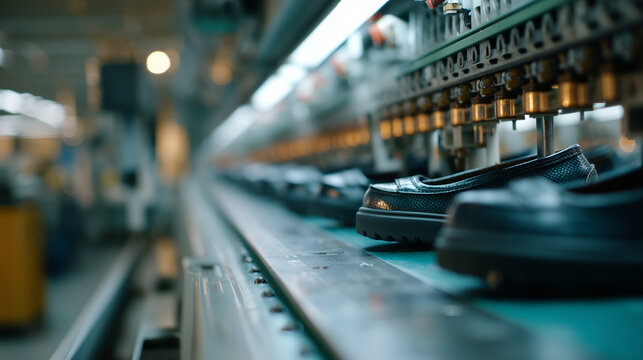 perspective shot from inside machine looking out at sandal production line, unique industrial viewpoint