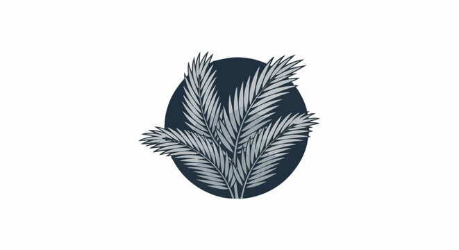 Stylized depiction of light gray palm fronds radiating from a dark blue circle