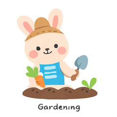 A charming Easter bunny planting flowers and tending a garden in a modern flat design style. Ideal for spring greetings and seasonal holiday decorations © Nana