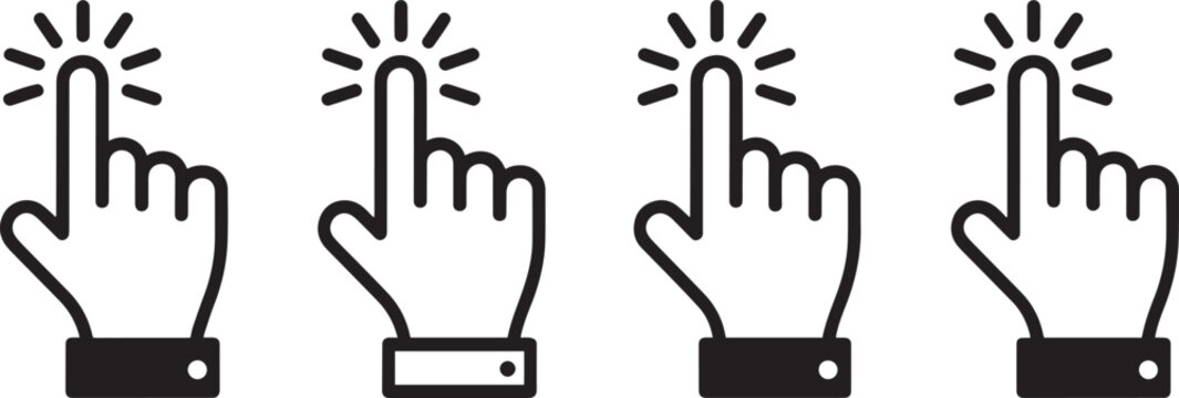 Four stages of hand pressing button with increasing feedback effect isolated on transparent background