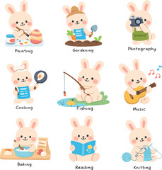 Obraz premium A collection of nine flat design Easter bunny illustrations in various activities. Perfect for holiday cards, decorations, and digital designs. High-quality EPS vector format Vol. 3