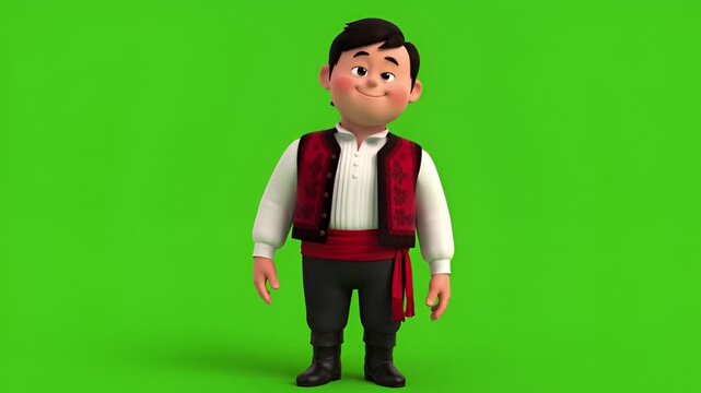 Cartoon character in traditional Eastern European attire standing against a green screen background