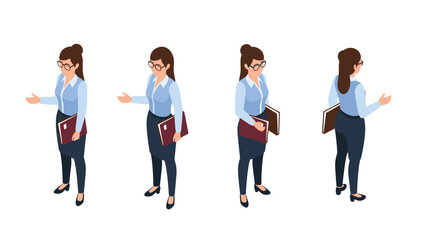Obraz premium Set of isometric views of a professional woman in a blue shirt and dark skirt holding a folder and gesturing.