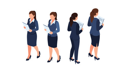 Obraz premium Set of isometric views showing a professional businesswoman in a dark suit holding documents from several different angles.