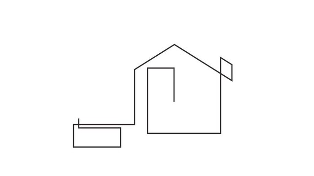 Animated self drawing of continuous line draw of Abstract Building Logo.  Full length one line animation. 4K	