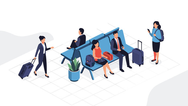 Passengers waiting for their flight in an airport departure area with luggage and seats in a modern terminal environment.