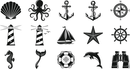 Fototapeta premium Nautical icon collection, seashell, octopus, anchors, compass rose, lighthouse, sailboat, starfish, ship wheel, seahorse, whale tail, lifebuoy, dolphin