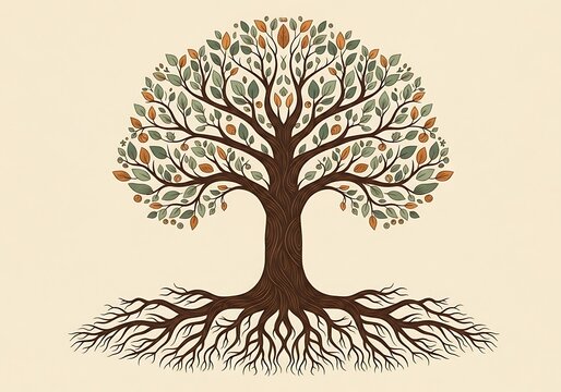 A tree with roots and leaves on a gray background