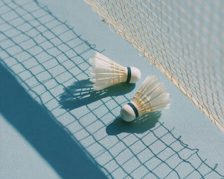 Two shuttlecocks near badminton net