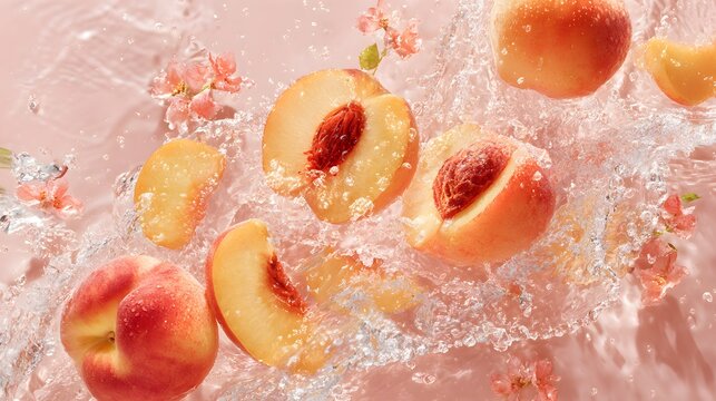 Fresh peaches and splashes of water