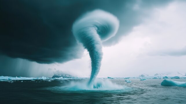 A dramatic waterspout twists between dark storm clouds and icy ocean waters in a cold, stormy polar environment.