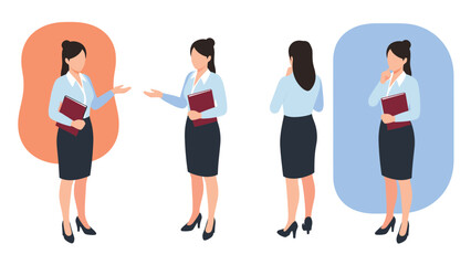 Fototapeta premium Multiple views of professional businesswoman in formal office attire holding a folder and gesturing in various poses on white background.