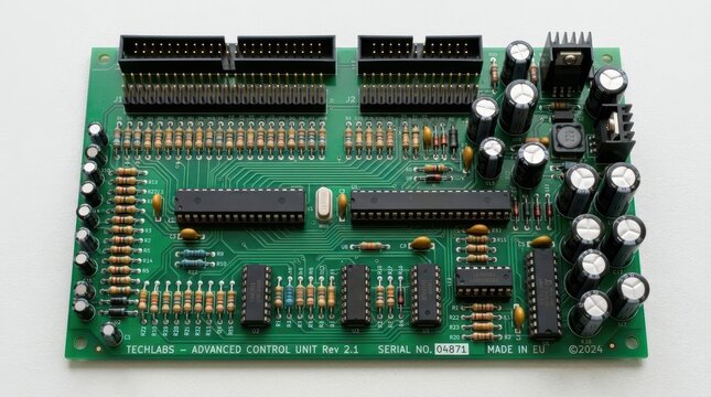 Detailed image of a complex green circuit board with numerous electronic components and connectors, showcasing advanced technology