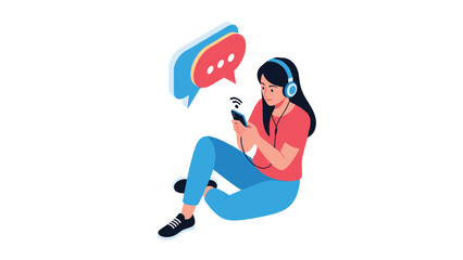 Fototapeta premium Young woman sitting on the floor with headphones using her smartphone for social media and online messaging apps.