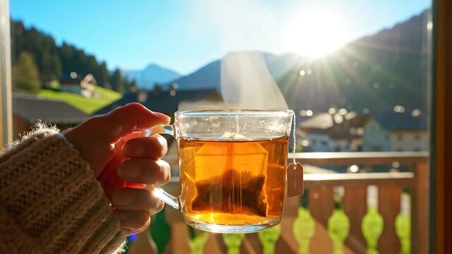 A person's hand holds a steaming cup of tea with a tea bag, overlooking a scenic mountain village during a sunny day