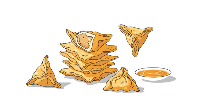 A delightful cartoon illustration presenting a golden stack of triangular pastries with individual pieces and a savory dipping sauce, evoking a