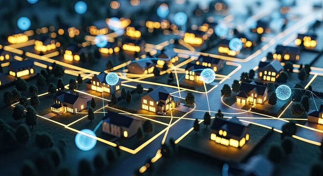 Digital network connecting smart homes and urban infrastructure in a futuristic, interconnected city, representing modern data flow and technological advancement for a smarter, more efficient future