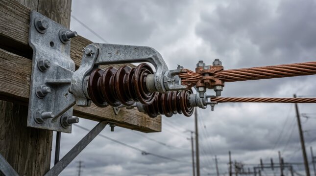 Heavy duty galvanized steel hardware connecting electrical transmission lines with ceramic insulators against a cloudy sky