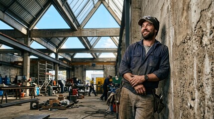 Fototapeta premium Rugged Male Laborer Leaning Against Rough Wall in Industrial Workshop with People Working in Background