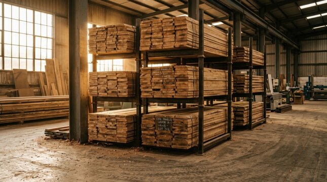Abundant Oak Lumber Panels Stacked on Metal Storage Racks in a Warehouse Facility