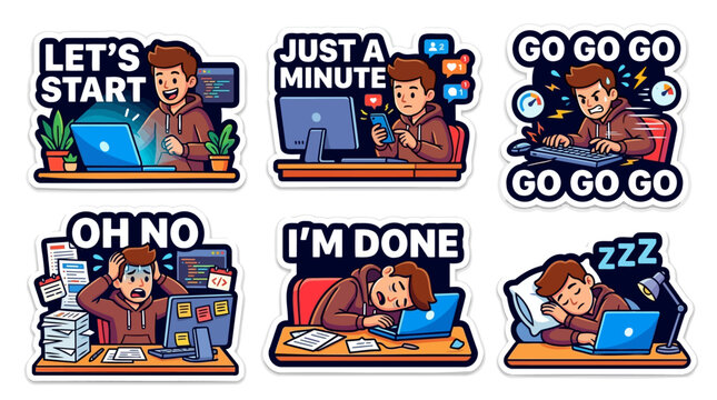 Student life cartoon sticker set flat vector featuring study motivation procrastination distraction on phone deadline panic rushing with computer exhausted burnout and sleeping on laptop desk