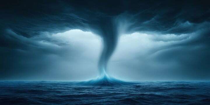 A dramatic waterspout spirals upward from the ocean beneath a turbulent, dark sky.