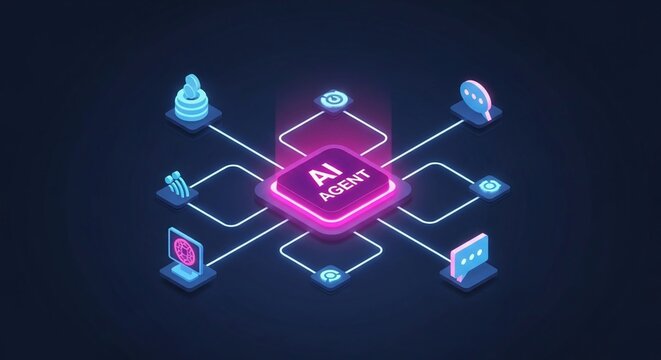 AI agentic workflow automation artificial, isometric 3D illustration of a central neon pink "AI Agent" button connected by glowing lines to various digital icons representing data, communication, and 