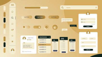 Beige modern UI kit with buttons cards navigation bars search fields and dashboard components, vector illustration concept for web design, app interfaces and digital marketing templates