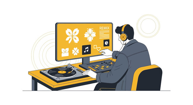 DJ Creating Music Remix on Computer with Turntable and Headphones