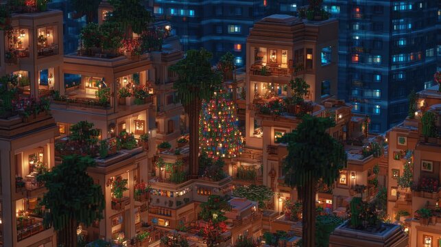 Festive Minecraft Cityscape with Rooftop Gardens and Christmas Tree at Night