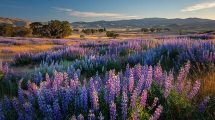 Fototapeta premium Expansive lupine field bathed in golden hour light