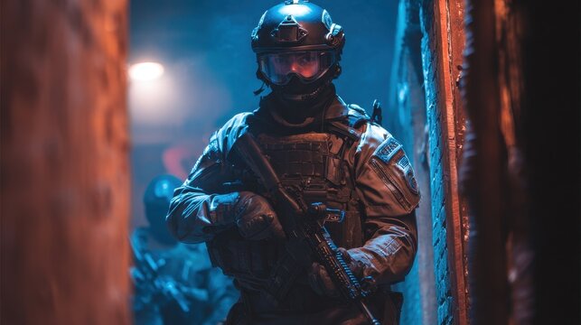 Focused SWAT team member in protective armor during a night raid