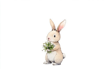Obraz premium Cute baby bunny standing upright, holding a bouquet of small wildflowers