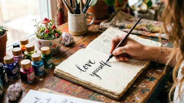 Hand gracefully writes 'love yourself' with calligraphy pen in vintage journal on rustic desk