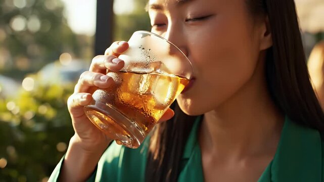 A woman sips a golden beverage with ice, outdoors on a bright day