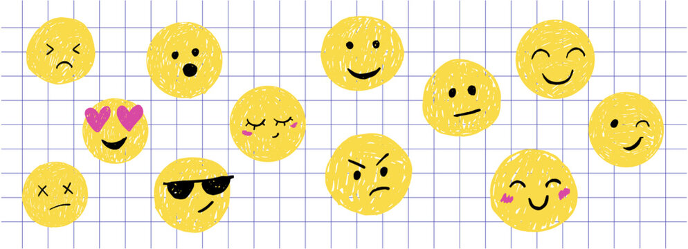 Smiling face crayon chalk emotions. Happy angry avatar set sketches. Childlike charcoal stickers, smile expression emoji face doodle.