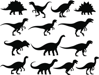 Collection of twelve dinosaur silhouettes showcasing diverse prehistoric species including theropods, sauropods, and stegosaurs in black vector art © Rokon