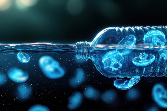 Jellyfish float inside and around a transparent plastic bottle submerged in water, highlighting ocean pollution and marine life entrapment.