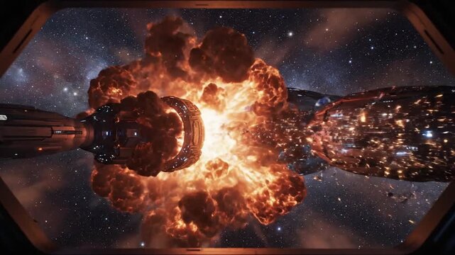 Exploding spaceship in space with debris and bright flash against starry backdrop