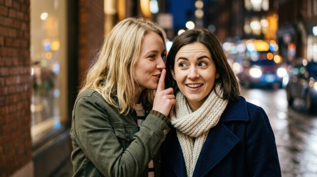 Blonde woman whispering a secret into brunette friend's ear in a city at night