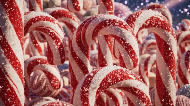 A delightful arrangement of traditional red and white striped candy canes dusted with shimmering sugar crystals.