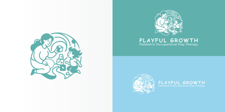 The teal logo for paediatric occupational play therapy features a woman and a child playing with blocks. Its organic lines evoke a sense of warmth, curiosity, and nurturing growth.