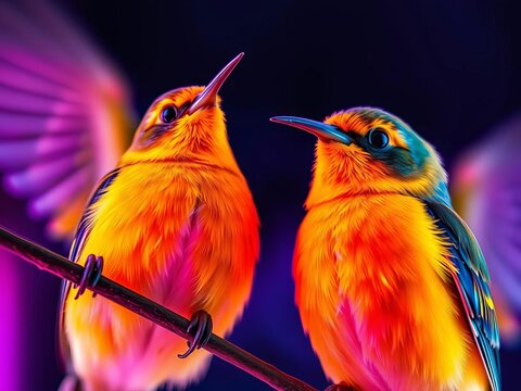Golden throat trills a sapphire note, a visual ode to shared delight, each unique bird a brushstroke of pure bliss,  nature's joy,  diverse sizes