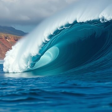 Spectacular long left hand wave curling near a Peruvian coastline,  long wave,  tropical