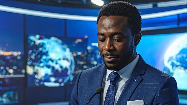News anchor delivering information on a televised program in the studio setup