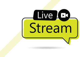 Yellow speech bubble live stream button with black Live label and video camera icon, vector illustration concept for online streaming, social media promotions and digital marketing campaigns