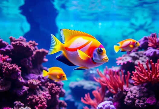 Vibrant tropical fish swimming in coral reef tank,   tank,   sea anemone